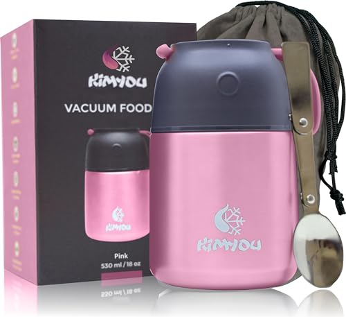 Kimyou Food Flask 530 | Premium Stainless Steel Vacuum Insulated Thermal Food Container | Food flasks for hot Food | Soup Flask | Soup containers | Vacuum flasks with Bag, Brush and Spoon Pink