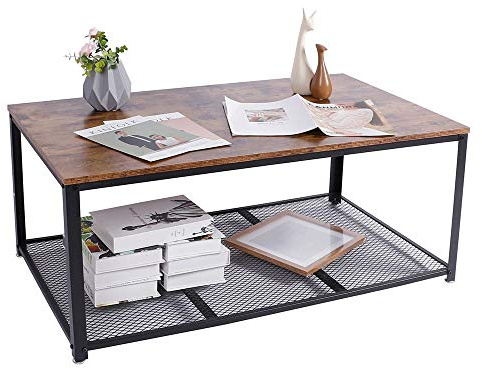 BAKAJI Tavolino Divano Tavolo caffè da Salotto Rettangolare Design Moderno Industriale Struttura in Metallo con Ripiano Inferiore Piao d'appoggio in Legno MDF Scuro Dimensione 106 x 60 x 45 cm