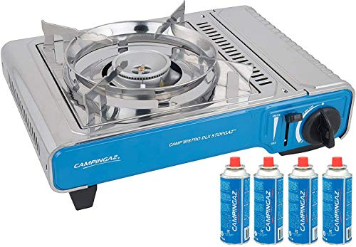 Campingaz Camp Bistro DLX Stopgaz + 4 CP 250 im Set Gaskocher Kartuschenkocher mit Überhitzungsschutz und Tragekoffer