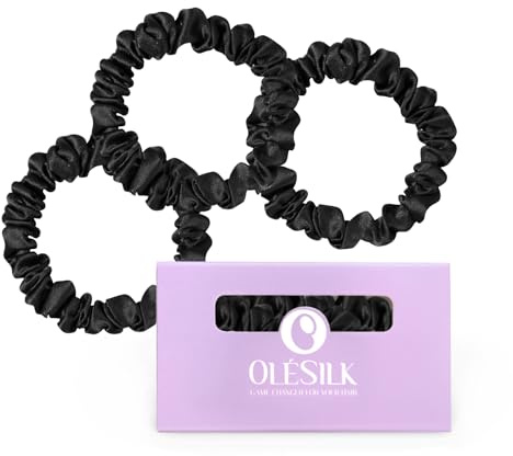 OLESILK Silk Hair Ties for Women: 100% Mulberry Skinny Silk Scrunchies, Soft Smooth No Damage No Crease for Thin Fine Curly Hair 3 Pack, Black