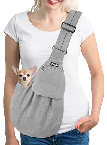 SlowTon Hundetragetasche, Haustier Hundetasche mit verstellbarem, gepolstertem Schultergurt und Fronttasche Tragetasche Hund für Spaziergang (Grau-Pullover Stoff, S(Für Haustiere 1,3-3,6 kg))