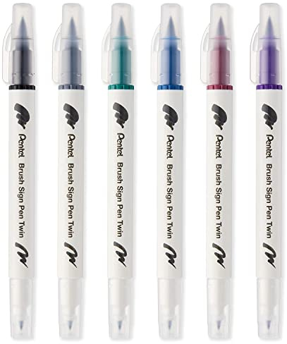 Pentel SESW30C - Rotulador de punta de doble fibra, doble punta, tinta a base de agua, paquete de 6 unidades, negro, gris claro, verde oscuro, azul acero, rojo oscuro y tinta violeta