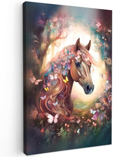 MuchoWow© Leinwände Wall Decoration Bilder Kinderzimmer Mädchen Pictures | 60x90 cm - Canvas Painting Wanddekoration Jugendzimmer Deko Mädchenzimmer Pferde - Natur - Blumen - Schmetterling