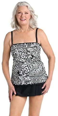 Maxine Of Hollywood Women's Standard Ruffle Bandeau Tankini Swimsuit Top, Black//Tahitian Tribe Floral