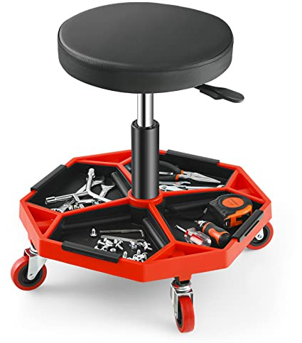 GOPLUS Tabouret d’Atelier avec 4 Roues Universelles, Haute Réglable, Tabouret Mécanique avec Rangement d’Outils, Siège Pivotant 360° pour Garage/Atelier, Charge 150 kg (Rouge)