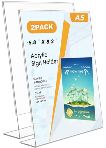 Flow fire A5 Acrylic Sign Holder, 2 Pack, L-Shaped Table Menu Display Stand | Clear Double Sided Display, for Posters, Price Lists, Offices, Shops, Restaurants and Reception Desks