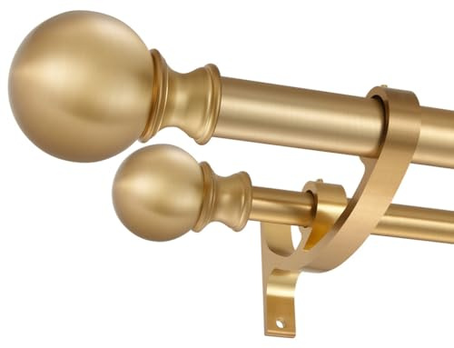Hosmile Double Curtain Rods 72-144 Inches, Warm Gold Double Window Rod, Adjustable Double Drapery Rod with Round Finials, 1-Inch Front and 5/8 Inch Back Telescoping Double Rod Curtain Rod
