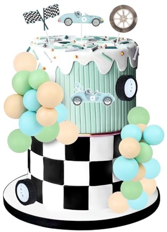Cheereveal Race Car Birthday Cake Decorations for Boys - Racing Car Wheel Checkered Flag Ball Cake Toppers for Dessert, Vintage Race Car Theme Birthday Baby Shower Party Supplies