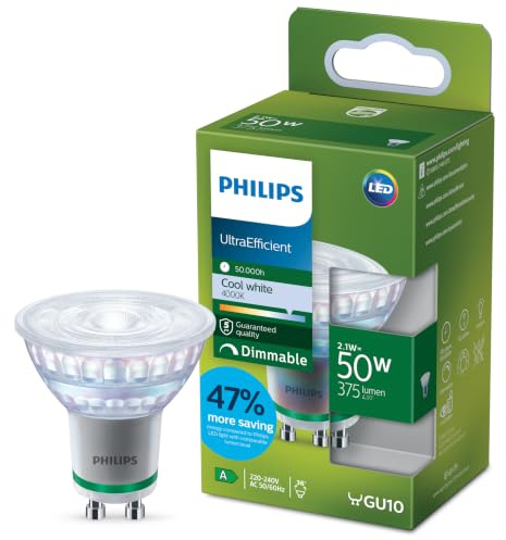 PHILIPS Classic ultra-efficient LED bulb with energy efficiency class A, GU10 bulb, replaces 50W, cool white light, dimmable
