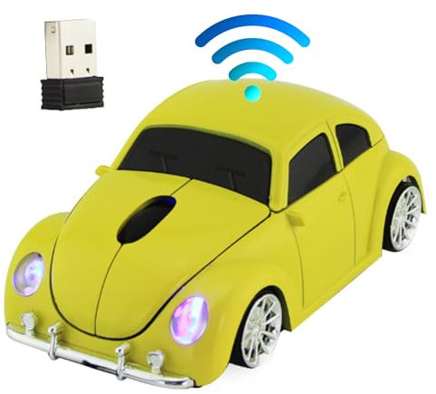 Wireless Classic Beetle Mouse 2.4GHz Optical USB Mouse with Headlights, 1600 DPI Plug & Play, Fun Car Design for Laptop, PC, Mac, Windows, Mac OS, – Cool Mini Mouse Gift for Kids, Students, Office Use