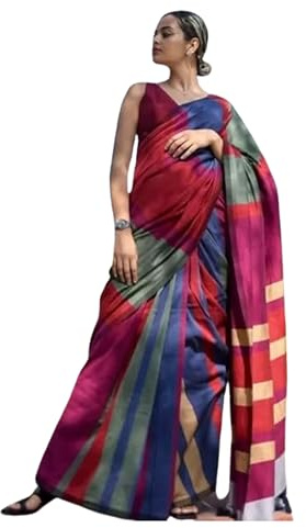 Traditional Indian Handloom Pure Cotton Saree With Multicolour Design Including Blouse Casual Wear (Multicolor)