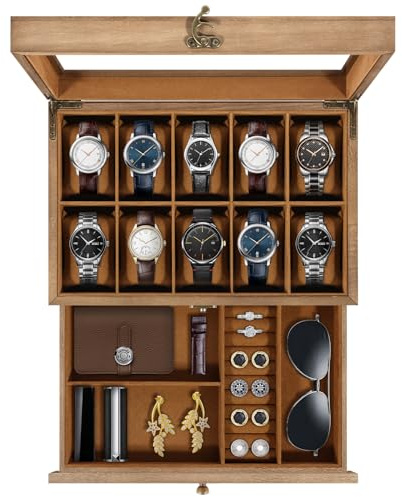 Uten Caja de Relojes con 10 Compartimentos, 2 Niveles Caja para Reloje Madera, Tapa de Vidrio y Almohada Algodón Seda, Forro Marrón, para Exhibición y Almacenamiento de Relojes Joyería