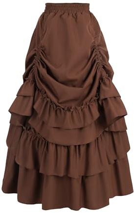 Fiamll Damen Gothic Steampunk Rock High-Low Saum Mittelalter Maxirock Renaissance Rock mit Rüsche,braun,M