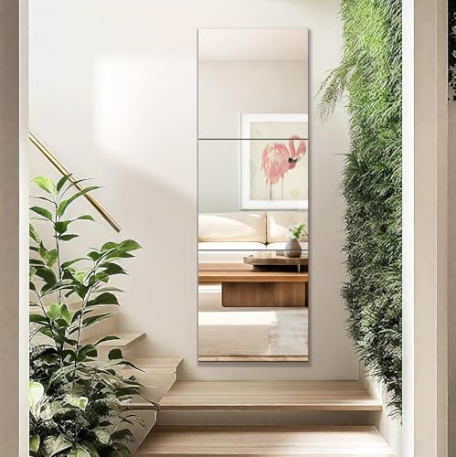 Sqinor Full Length Mirror Tiles Self Adhesive Mirror HD Glass 40x40cm 3pcs Frameless - DIY Full Body Mirrors Large Long Stick On Wall Mirrors for Bedroom Hallway Living Room Bathroom Gym Walls