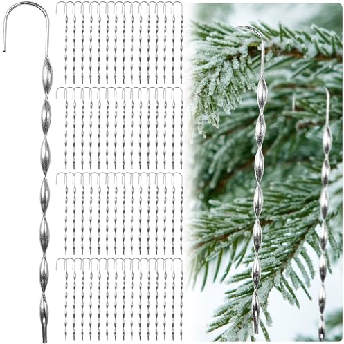 MorningRo 60 Pcs Victorian Christmas Tree Tinsels 5.5 Inch Vintage Tin Icicles Ornaments Silver Steel Twisted Icicles Ornaments Winter Decorations for Christmas Tree Festival Party Hanging Decorations