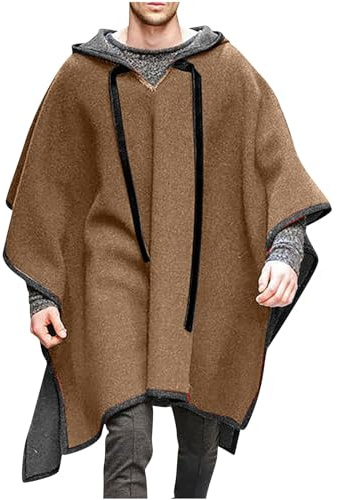 Cappotto con cappuccio da uomo, orlo irregolare, con cappuccio, poncho, mantello, casual, elegante, felpa con cappuccio, pullover, comodo, tinta unita, antivento, scialle, mantello, 01 marrone., 3XL