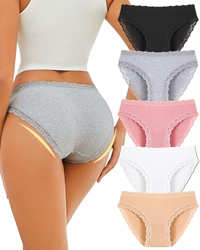 ALL OF SHE Culotte Femme Coton Dentelle, Douce Confortable Respirante, Slip Bikini Taille Basse, sous-Vêtements,Lot de 5, Tissu Côtelé, Doux pour la Peau,L