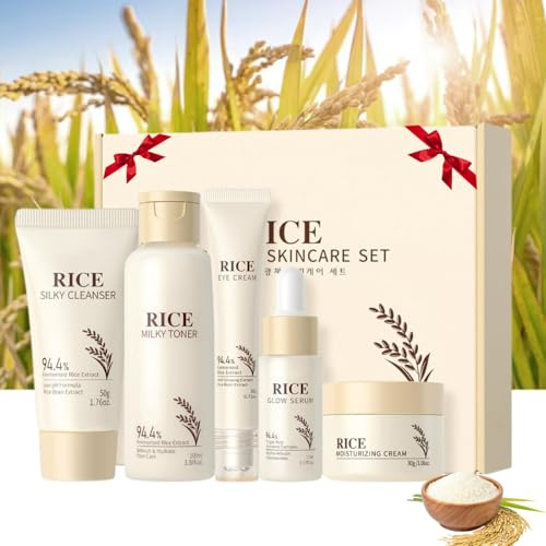 Korean Skincare Set, Rice Raw Pulp Beauty Gift Set for Women & Men,5 PCS | Glass Skincare Set, Rice Skin Care Sets : Rice Cleanser, Toner, Serum, Cream & Eye Cream, Facial Kit for Glowing Skin