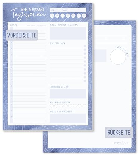Häfft Achtsamkeits-Tagesplaner A5 Block für Me-Time Blue Spirit | Für ruhige Tagesplanung: 50 Blatt mit 100g/m²-Papier, Zeitplan 6-20 Uhr, To-dos, Affirmationen & Notizfläche