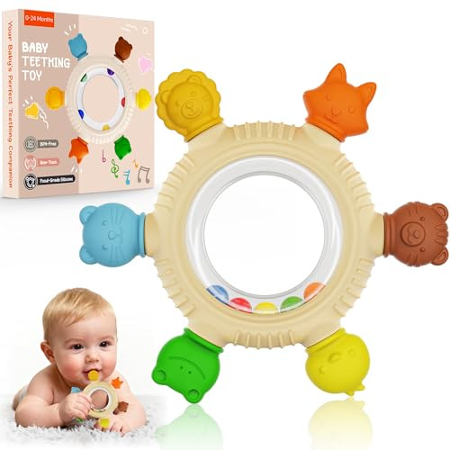 Azrra Teething Toys for Baby, Silicone Teething Rattles Ring, BPA Free, Easy to Hold, Baby Sensory Toys 0 3 6 12 Months, Babies Essentials for Newborn Infant Gift (Multiple Colour-Animal)