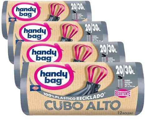 Handy Bag Bolsas de Basura Cubo Alto - Bolsas para cubo de basura alto de cocina, extra resistente y antigoteo, autocierre, 100% plástico reciclado, 20-30L, 12 bolsas (Paquete de 4)
