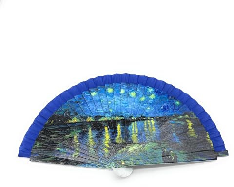 Genérico Abanico de Mano Estilo Artístico – Diseño Azul Inspirado en Arte Impresionista, Portátil y Resistente 20x4cm (Azul-Amarillo)
