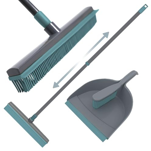Knight Rubber Broom & Dustpan Rubber Brush Set, Telescopic Extendable Long Handle, Silicone Carpet Cleaning Broom & Brush, Broom With Squeegee For Pet Hair Removal & Floor Cleaning - Grey/Teal