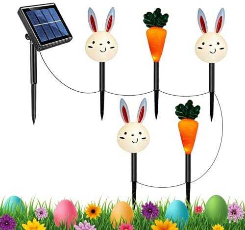 Lampes solaires d'extérieur étanches pour allée de Pâques, lapin, carotte, éclairage de jardin | pour jardin, terrasse, cour, pelouse, allée, cour, aménagement paysager extérieur, vacances