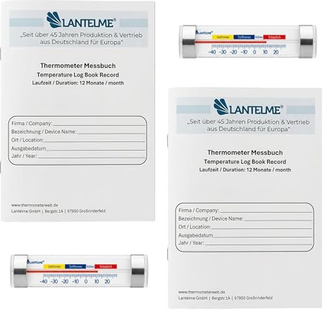 Lantelme 2 st. analog kylskåpstermometer – 40 °C till 24 °C för upphängning med sugkopp + 2 stycken termometer dokumentationsbok DIN A5 12 månader 3 gånger om dagen – för kylskåp frys