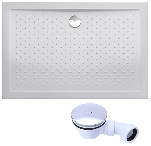 doporro Duschtasse Duschwanne Lucia02 90x120x4 flach inkl. Ablaufgarnitur aus Acryl Weiß mit Anti-Rutsch Profil und DIN-Anschlüssen auch für bodenebene Montage geeignet