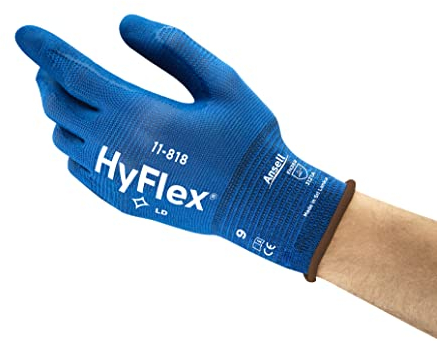 Ansell HyFlex 11-818 Professional Work Gloves, Mechanical Gloves with Improved Grip, Patented Comfort Technology, Multi-Purpose Gloves, Assembly, Mechanics, Blue, Size L (12 Pairs)