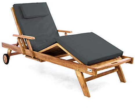 Divero Sonnenliege Holzliege Gartenliege Teak-Holz behandelt mehrfach verstellbar inkl. Räder Tablett + Liegen-Auflage 4-teilig wasserabweisend anthrazit