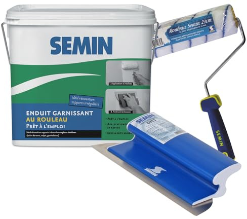 Semin Rénovation des toiles de verre, Pack composé d'un enduit garnissant, d'un rouleau et d'une lame à lisser permettant de rénover facilement une ancienne toile de verre pour obtenir un mur lisse