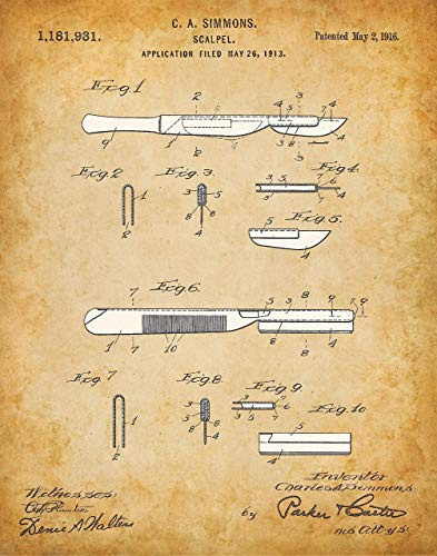 Scalpel Patent Print - Surgical Knife Poster, Surgery Room and Office Wall Decor, Gifts for Surgeon Doctors, Medical Student and Paramedic Gifts, Choose Unframed Old Style Poster or Canvas Prints
