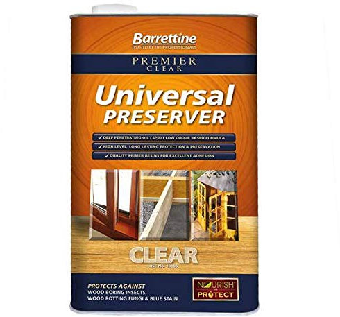 Barrettine Primer Universal Wood Preserver (Clear, 5L) - Deep Penetrating Oil Based Preserver Requires Over Painting/Coating, Suitable for Indoor & Outdoor Use