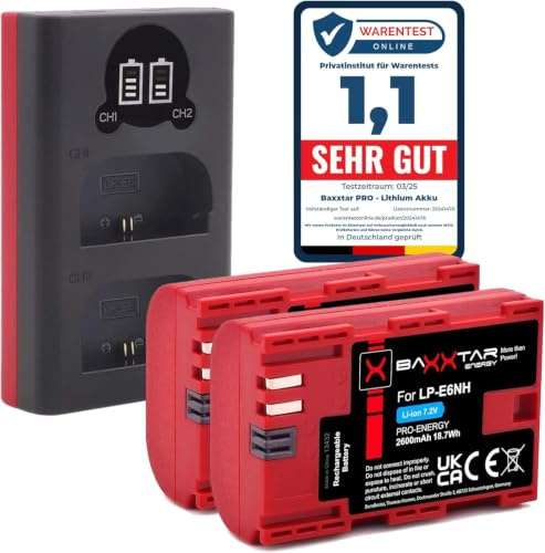 Baxxtar Pro Set 2X LP-E6NH 2600mAh + Cargador 18602 USB LCD – Repuesto para Canon LP-E6NH – para EOS R5 R6 R7, 5D Mark II III, 6D, 7D, 60D, 70D, 80D – Listo para Usar | Compatible con Canon EOS R5 R6 R6II R7 5D Mark II III IV 5DS 60D 6D 70D 7D 80D 90D WFT-E5 E7 XC10 XC15