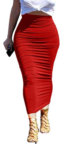 YMDUCH Women's Sexy Bodycon High Waist Stretchy Solid Work Pencil Skirts Dress Red