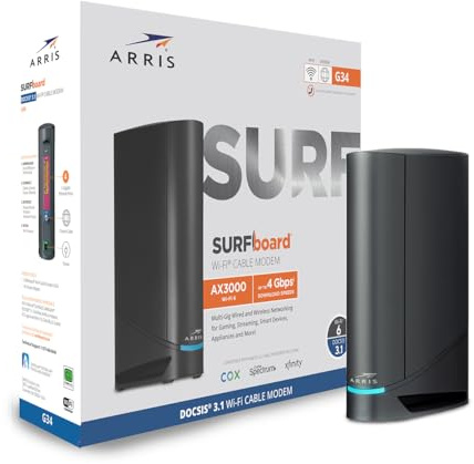 ARRIS (G34 - Combo per router via cavo per modem - Fast DOCSIS 3.1 Gigabit WiFi 6 (AX3000), Approvato per Comcast Xfinity, Cox, Spectrum e altro, velocità Internet massime di 1 Gbps