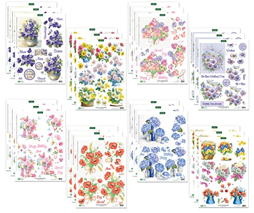 Katy Sue Designs Pretty Flowers Lot de 24 feuilles de découpe 3D pour la fabrication de cartes Motif pois de senteur, coquelicots de maïs, hortensias et pensées
