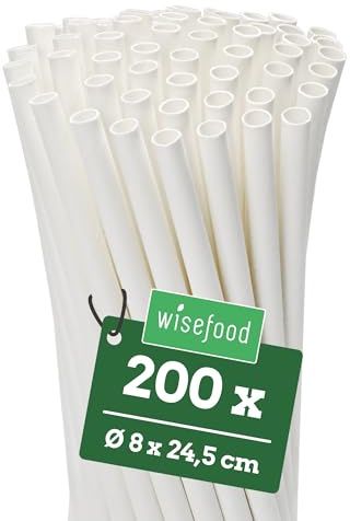 wisefood papperssugrör, 200 st. vita sugrör av papper, Ø 8 mm x 24,5 cm, fria från PLA/PE, biologiskt nedbrytbara engångssugrör av robust papper