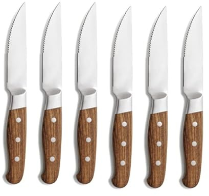 Comas 6er Set Steakmesser Holzgriff Edelstahl Steakbesteck Grillbesteck Messer Messerset Pizzamesser Silber Braun Aconcagua Chuleteros HQ matt