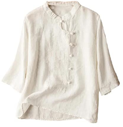 XuanXmy Camicia da Donna in Cotone e Lino con Bottoni a Forma di Rana in Stile Cinese Camicia Pullover in Stile Etnico con Maniche a 3/4 retrò Letteraria Bianco L