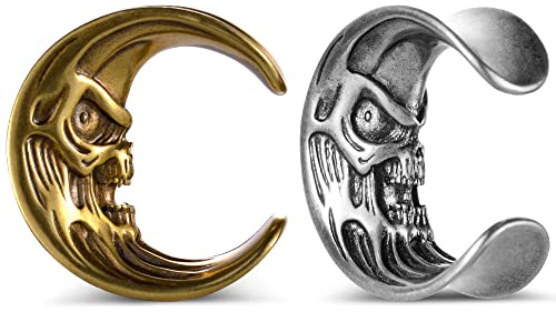 ERKUOO 2PCS Ouverture Selle Oreilles Tunnels Lune Crâne Jauges d’oreille Double Bouchons évasés Civières de chair Piercing Boucles d’oreilles 10mm