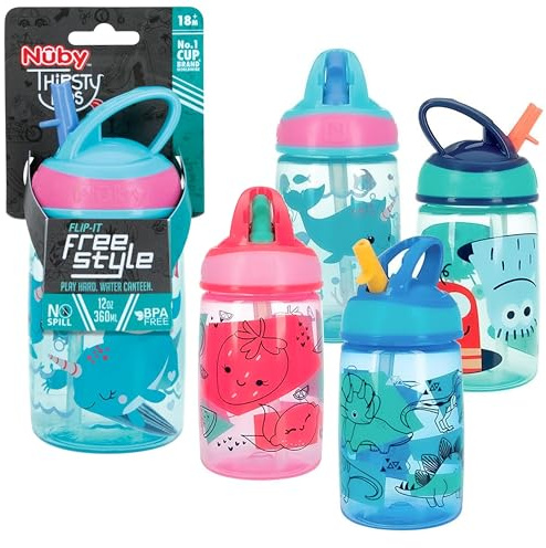 Nuby Flip-it Kids On-The-Go Printed Water Bottle with Bite Proof Hard Straw - 12oz / 360 ml, 18+ Months, 1 Pack of 1 Piece, Prints May Vary