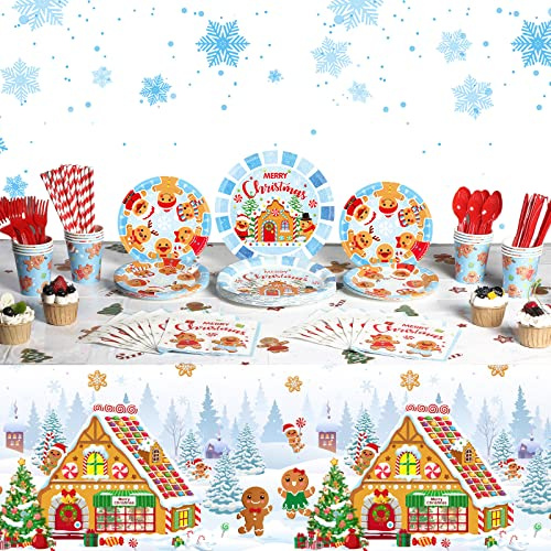194 Pcs Merry Christmas Party Supplies for 24 Guests Gingerbread Christmas Tableware Set Includes Disposable Paper Plates Napkins Cups Straw Plastic Tablecloth Cover Knife Fork Spoon Xmas Decorations