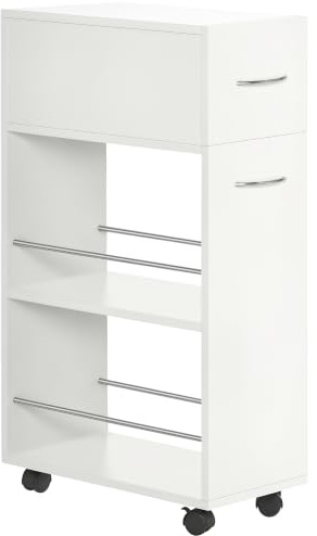 HOMCOM Carrello da Cucina con 2 Ripiani Aperti, Cassetto, Parapetti e Ruote a Freno, Carrello Cucina Salvaspazio Portaoggetti in Truciolato e Acciaio Inox, per Bagno, Soggiorno, 25x50x85 cm, Bianco