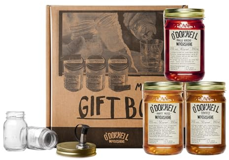 O'Donnell Moonshine Likör Geschenkset Made in Berlin – 3x Premium Likör Toffee, Kirsche & Haselnusslikör (350ml) + 2x Mason Jar Whiskey Gläser + Ausgießer (Geschenk für Männer) in Geschenkbox