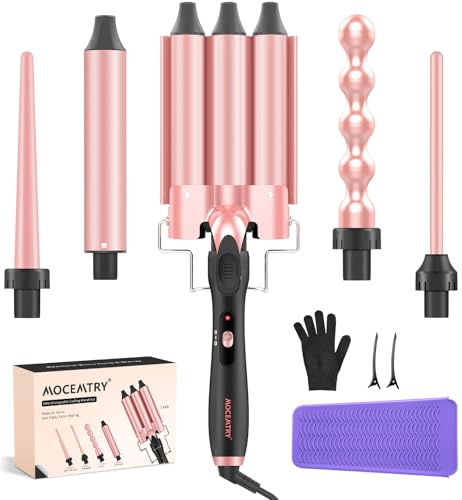 MOCEMTRY 5 in 1 Curling Wand Set (0.35-1.25) with 3 Barrel Hair Crimper, Bubble Curling Wand and 3 Ceramic Barrels, Curling Iron 1 inch Crimper Hair Tool Waver with Two Temp Control, Gifts for Women