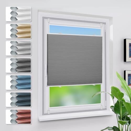 Grandekor Verdunklungsplissee Wabenplissee ohne Bohren Weiß-Dunkelgrau 70x130cm (BxH) Klemmfix Plissee ohne Bohren Verdunkelung Thermo Rollo Wärmedämmung, Privatsphäre - & Sonnenschutz