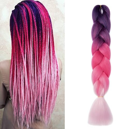 Dcbaboo Extension per Treccine Africane 60cm Kanekalon Extension Treccine Africane Capelli Finti per Treccia Capelli Sintetici 1 Ciocca Ombre Jumbo Braiding Hair, Viola & Rosa Scura & Rosa